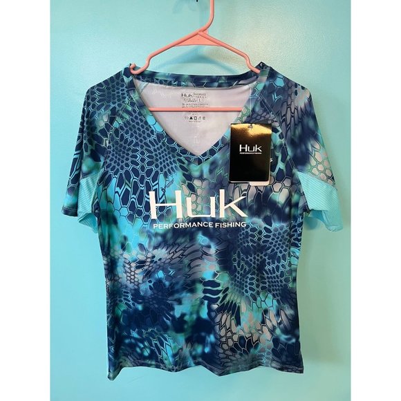 Huk Tops - NWT HUK Performnace Outdoor Fishing Shirt Women Size Large Blue Short Sleeve